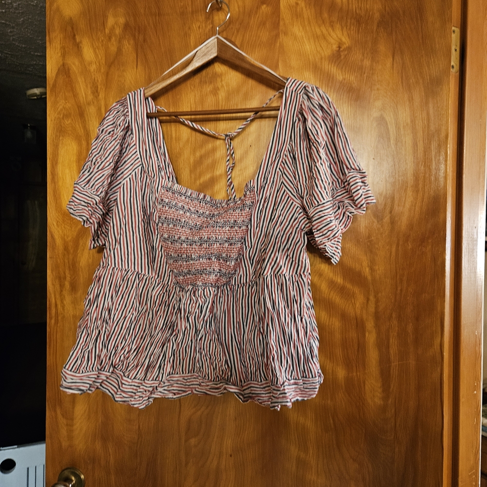 Old Navy Cream And Red Striped Puff Sleeve Blouse with Smocked Ruffled Tie Back